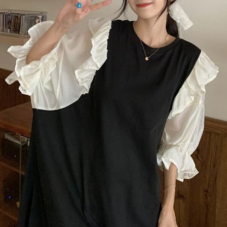ドッキングワンピース フリル フェイクレイヤード 重ね着風 ルーズウエスト 五分袖 レトロ 韓国ファッション レディース 大人可愛い ガーリー フェミニン DTC-674948055332