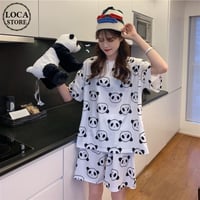 【ルームウェア】 パジャマ 半袖 パンダ柄 プリント Tシャツ ショートパンツ 上下セット レトロ 韓国ファッション レディース DTC-644054009683