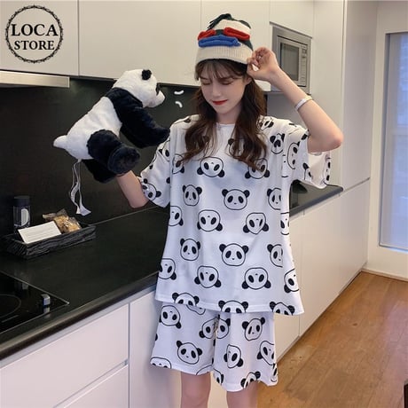 【ルームウェア】 パジャマ 半袖 パンダ柄 プリント Tシャツ ショートパンツ 上下セット レトロ 韓国ファッション レディース DTC-644054009683