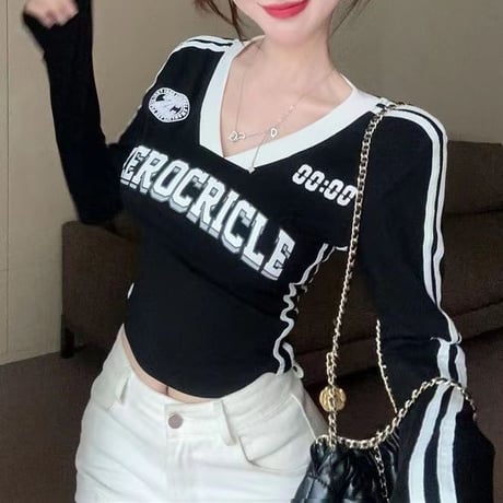 ユニフォーム風 tシャツ クロップド丈 ゲームtシャツ ロンT 袖ライン スリムフィット トップス Vネック 長袖 レトロ カジュアル スポーツミックス DTCA-817363745673