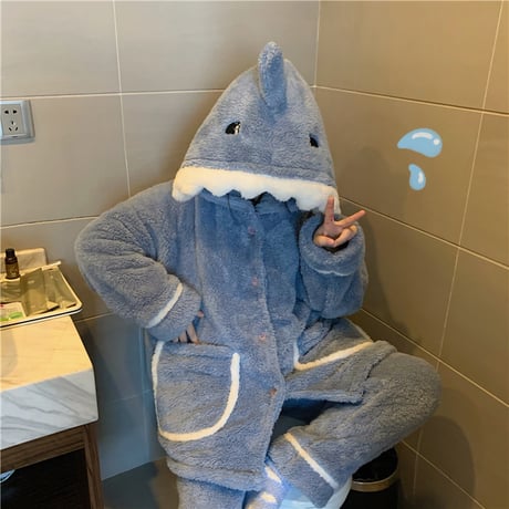【ルームウェア】 フリース パジャマ セットアップ トップス + パンツ シャーク サメ 長袖 ブルー パープル 上下セット 韓国ファッション レディース ガーリー DTC-628699765024