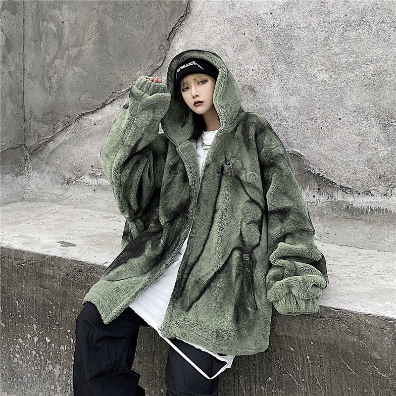 ユニセックス タイダイ柄 フード付き ボアジャケット ラムウール ボア