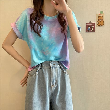 タイダイ柄 Tシャツ 薄手 半袖 トップス ショート丈 へそ出し 絞り染め レトロ 韓国ファッション レディース 大人可愛い ガーリー カジュアル DTC-646133929852
