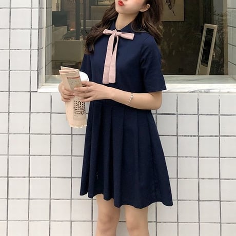 レディース ワンピース プリーツスカート 薄手 ボウタイ リボン ゆったり ガーリー 韓国ファッション (DCT-591685926711)