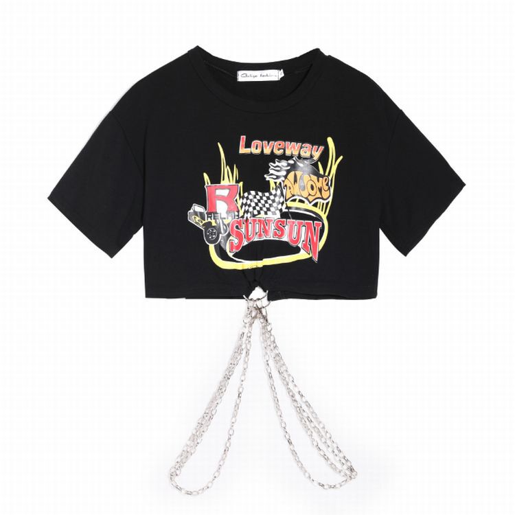 クロップド丈 Tシャツ トップス へそ出し チェーン付き 半袖 クロップド丈 Tシャツ トップス へそ出し チェーン付き 半袖