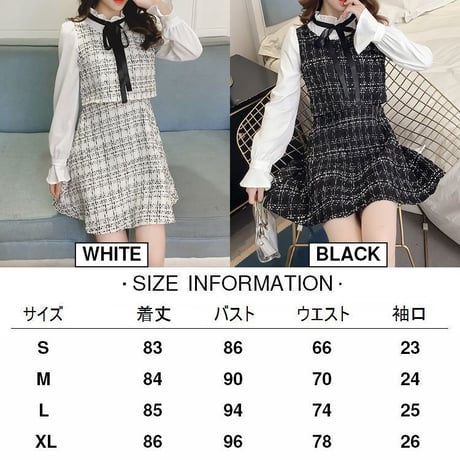 フェイクレイヤード ワンピース ドッキングワンピース チェック フリルネック リボン付き レトロ 韓国ファッション レディース 大人可愛い ガーリー フェミニン DTC-602802086264