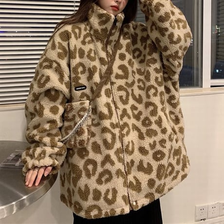 2way リバーシブル ヒョウ柄 無地 ボアブルゾン ブルゾン フェイクラムウール 厚手 オーバーサイズ もこもこ 防寒 ボア レオパード柄 ゆったり カジュアル DTC-657991691559