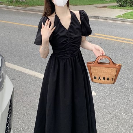 ワンピース プリーツ 半袖 肩開き ハイウエスト ロング丈 Aライン レトロ 韓国ファッション レディース 大人可愛い ガーリー DTC-717976721684