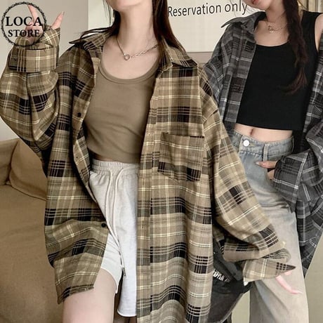 オーバーサイズ チェックシャツ トップス チェック柄 シャツ ビッグシルエット ゆったり 長袖 カジュアル レトロ 韓国ファッション レディース 大人可愛い ガーリー DTC-736521322654