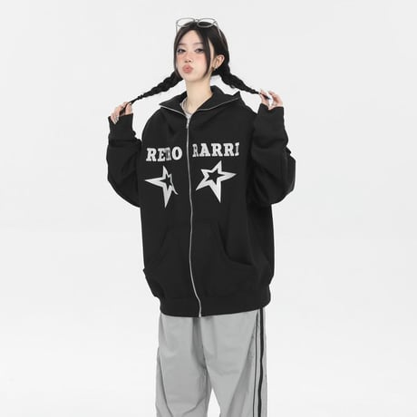 ジップアップ パーカー スター 星 ハイネック トップス フード付き スウェット オーバーサイズ ルーズ 長袖 大人可愛い ガーリー カジュアル DTCA-753187140311