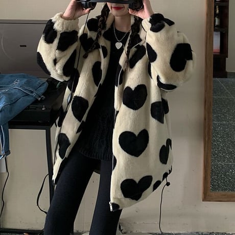 ハート柄 ボアジャケット ボアブルゾン ラムウール 韓国ファッション レディース ファーブルゾン ゆったり アウター かわいい 大人可愛い ガーリー DTC-631146782619