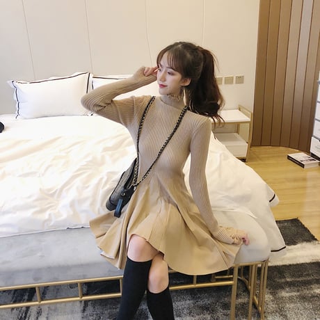 ハイネック ニットワンピース 韓国ファッション レディース タートルネック レース ウエストゴム ニット 長袖 セクシー タイト ガーリー (DCT-604931709813)