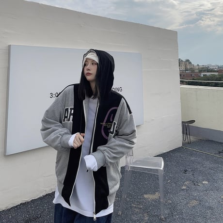 ユニセックス バイカラー パーカー ジップアップ 長袖 オーバーサイズ ゆったり 韓国ファッション レディース カジュアル ストリートファッション DTC-652745978761