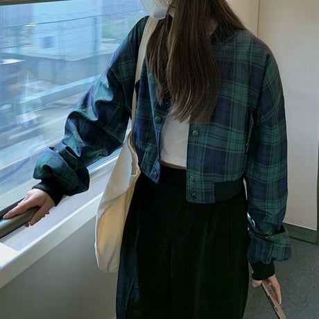 チェック柄 ブルゾン ジャンパー ショート丈 薄手 ゆったり ルーズ レトロ 韓国ファッション レディース 大人可愛い ガーリー カジュアル DTC-681561655037