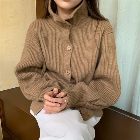 リブニット カーディガン ハイネック セーター ショート丈 リブ編み ルーズ アウター 韓国ファッション レディース レトロ 大人可愛い ガーリー DTC-655657524056