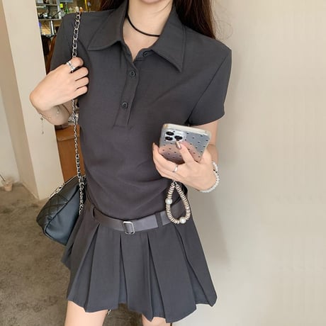 ポロワンピース ベルト付属 プリーツワンピース ポロ襟 ミニ丈 半袖 ミニワンピース ハイウエスト レトロ 韓国ファッション レディース 大人可愛い ガーリー DTC-793627801449