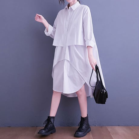 シャツワンピース ロングシャツ シャツ ワンピース アシンメトリー 不規則デザイン ルーズ 長袖 レトロ 韓国ファッション レディース 大人可愛い ガーリー DTC-634484580166