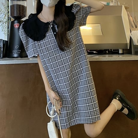 チェック柄 ワンピース 大きい襟 襟付きワンピース ミニワンピース パフスリーブ 半袖 ルーズウエスト 韓国ファッション レディース 大人可愛い ガーリー DTC-675867691227