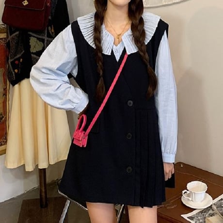 セットアップ ブラウス ＋ ベストワンピース プリーツ フロントボタン 韓国ファッション レディース 2点セット 大人可愛い ガーリー フェミニン レトロ DTC-641172143458