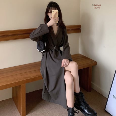 トレンチ風 ワンピース ウエストベルト 韓国ファッション レディース ダブルブレスト 長袖 ハイウエスト ゆったり 大人可愛い ガーリー DTC-627886169190