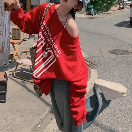 2WAY 前後着用 トップス ロンT ワンショルダー オフショルダー tシャツ スウェット アシンメトリー オーバーサイズ ゆったり レトロ 長袖 カジュアル DTCA-837273595763