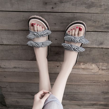 チェック柄 リボン サンダル 22.5～25.0cm ダブルベルト フラット 厚底サンダル 歩きやすい かわいい フェミニン DTC-588162485550