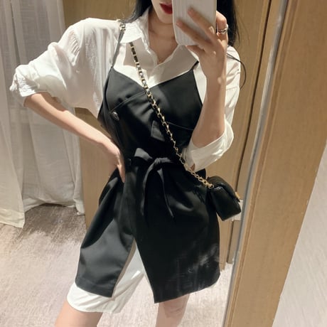 セットアップ ロングシャツ ＋ サスペンダースカート 韓国ファッション レディース 不規則デザイン ワンピース シャツ ハイウエスト 大人可愛い ガーリー (DTC-610138365332)