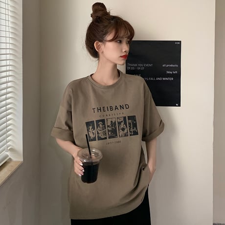 tシャツ オーバーサイズ バンドt クルーネック トップス 半袖 シンプル ルーズ レトロ 韓国ファッション レディース 大人可愛い ガーリー カジュアル DTCA-669255848156