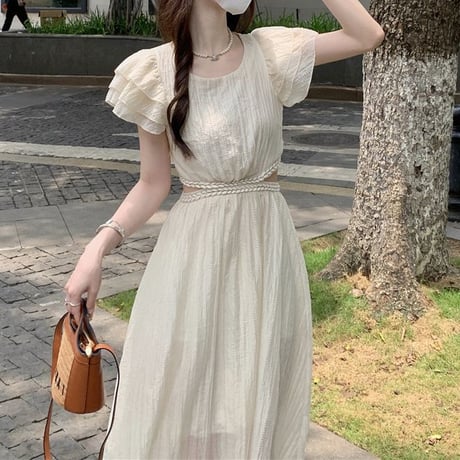 背中開き ワンピース バックオープン フライングスリーブ ロング丈 ウエスト開き Aライン ハイウエスト レトロ 大人可愛い ガーリー 韓国ファッション レディース DTC-724421380320