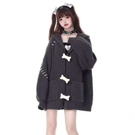 ニット カーディガン  フード付き ツギハギ 骨ボタン シングルブレスト ニットパーカー ルーズ 長袖 レトロ 大人可愛い ガーリー サブカルチャー DTCA-732488654736