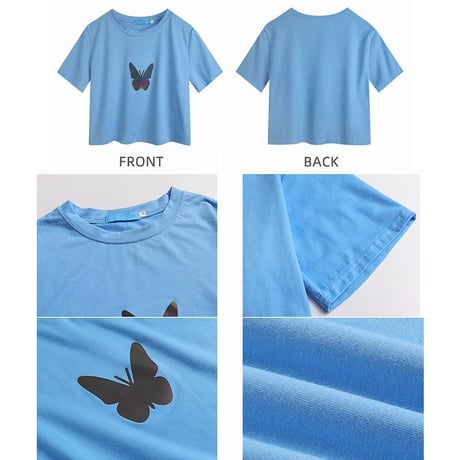 クロップド丈 Tシャツ 反射光 バタフライ 半袖 韓国ファッション レディース トップス ショート丈 プリント ガーリー カジュアル ストリートファッション DTC-617478923344