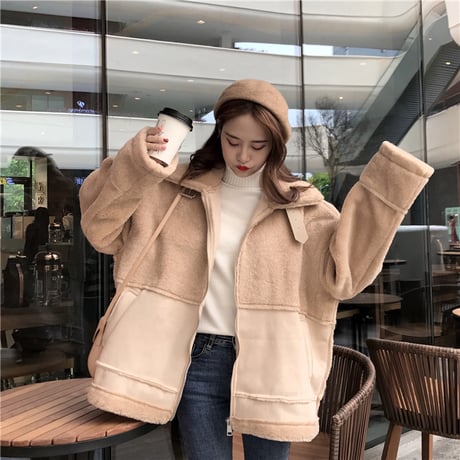 ボアブルゾン ジップアップ 韓国 ファッション レディース ボアジャケット もこもこ ボア ベルト ドロップショルダー オーバーサイズ (DTC-606104703290)