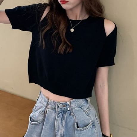 tシャツ オープンショルダー サマーニット 半袖 ショート丈 へそ出し 肩開き 肩出し 薄手 トップス 韓国ファッション レディース 大人可愛い ガーリー DTCA-640484604365