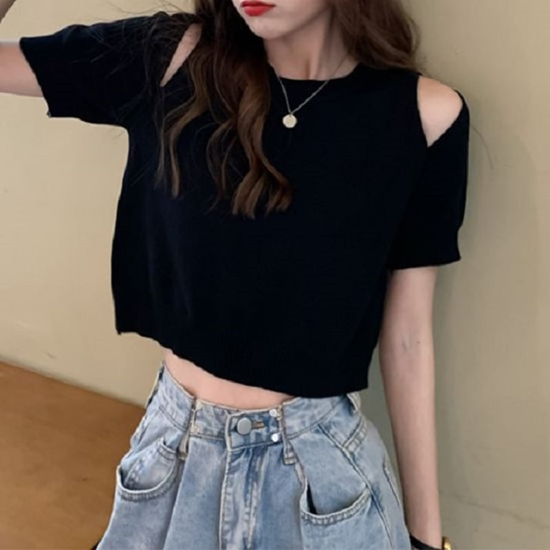 tシャツ オープンショルダー サマーニット 半袖 ショート丈 へそ出し