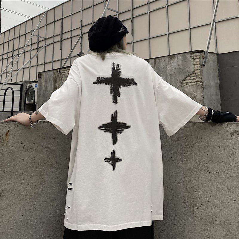 ユニセックス ダメージ加工 Tシャツ ハート クロス 半袖 オーバー