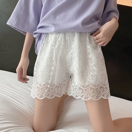 カットワークレース ショートパンツ 薄手 韓国ファッション レディース ハイウエスト ショート丈 シンプル ガーリー
