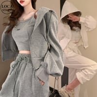 セットアップ 3点セット スウェット パーカー ジップアップ ショート丈 キャミソール タンクトップ パンツ ボトムス 長袖 ルーズ レトロ カジュアル DTCA-685560674661