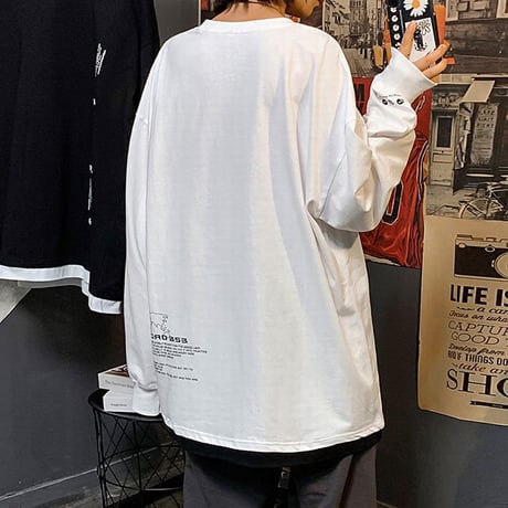 ユニセックス Tシャツ 長袖 韓国ファッション メンズ レディース ラウンドネック シンプル 英字 プリント オーバーサイズ 大きいサイズ ルーズ ストリート DTC-624323933048
