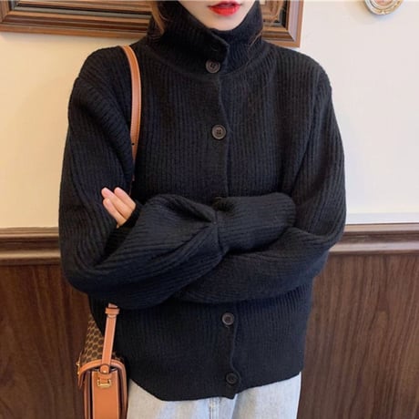 ハイネックニット ニットカーディガン ショート丈 リブ編み リブニット ハイネック 長袖 ルーズ 韓国ファッション レディース レトロ 大人可愛い ガーリー DTC-654112478774