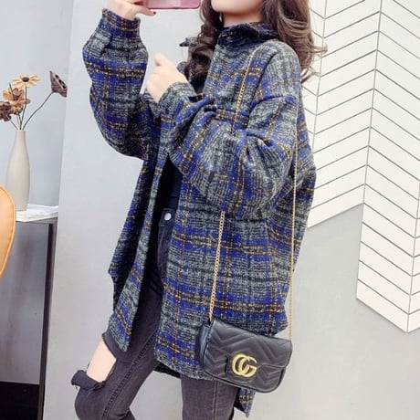 チェック柄 シャツ ジャケット ウール 前後丈違い ルーズ 長袖 アウター レトロ 韓国ファッション レディース 大人可愛い ガーリー カジュアル DTC-655093897757