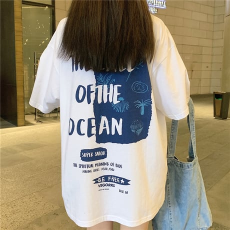 ユニセックス Tシャツ 袖ロゴ バックプリント 半袖 韓国ファッション メンズ レディース 大きめ ルーズ カジュアル ストリート系 DTC-638394646416
