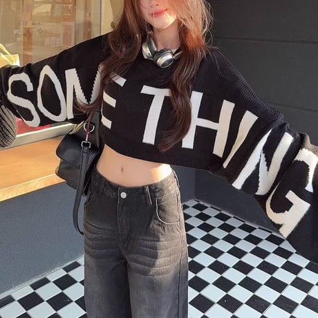 ニット クロップド丈 ビッグロゴ プルオーバー トップス ジャカード セーター クルーネック 長袖 ゆったり ルーズ レトロ 大人可愛い ガーリー カジュアル DTCA-985734235983