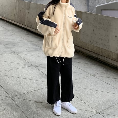 ボアブルゾン アウター 韓国ファッション レディース フリース もこもこ あったか フロントジッパー ファスナー 長袖 ゆったり シンプル レトロ ガーリー (DTC-604853811164)