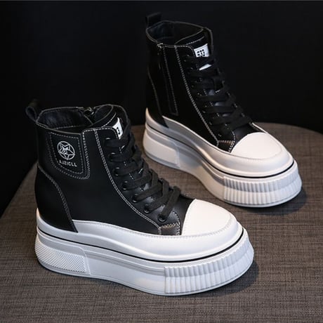 厚底 ハイカットスニーカー 22.0～25.0cm インソール サイドジッパー ファスナー ショートブーツ シューレース カジュアル 韓国ファッション レディース DTC-682592669522