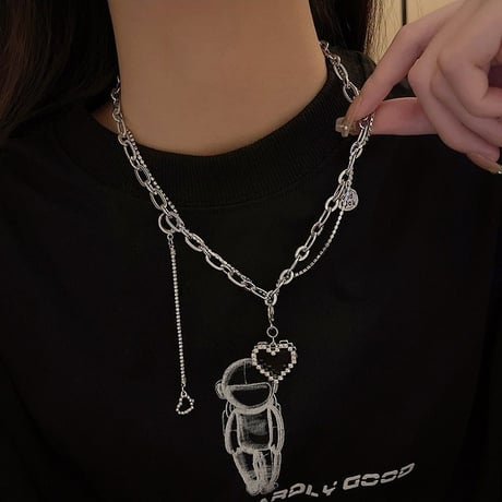 ハートネックレス 太チェーン ラインストーン 金属アレルギー対応 ハート ジルコン ネックレス アクセサリー チタンスチール 韓国アクセサリー 韓国ファッション DTC-672751439463