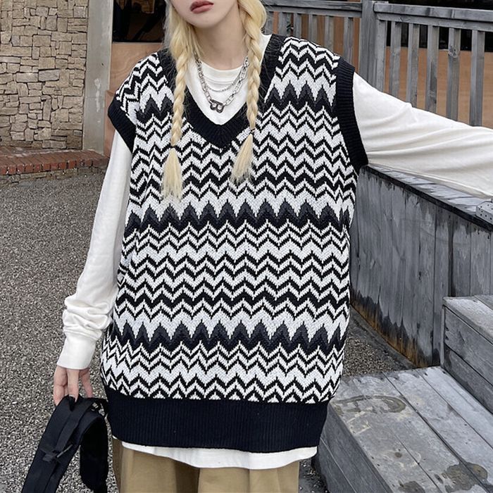 ユニセックス ニットベスト ジャガード柄 波柄 Vネック ゆったり