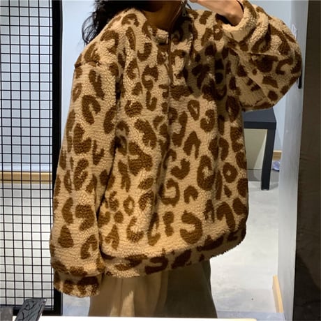 レオパード ボア プルオーバー ハーフジップ ラムウール 韓国ファッション レディース トップス ヒョウ柄 フリース もこもこアウター 大人カジュアル DTC-629477775602