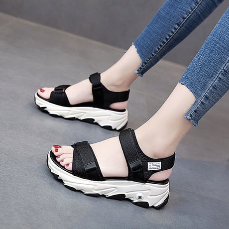厚底 スポーツサンダル 22.5～25.0cm マジックベルト ロゴ 厚底ソール プラットフォーム 厚底サンダル 美脚 カジュアル シンプル 歩きやすい DTCA-619728538554