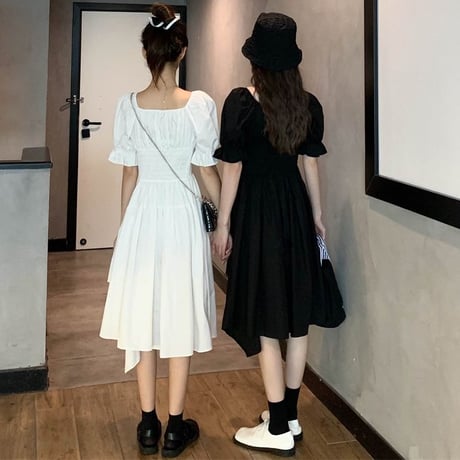 ワンピース スクエアネック 不規則デザイン ウエストマーク 半袖 パフ袖 薄手 ハイウエスト 韓国ファッション レディース 大人可愛い ガーリーDTC-642645039641)