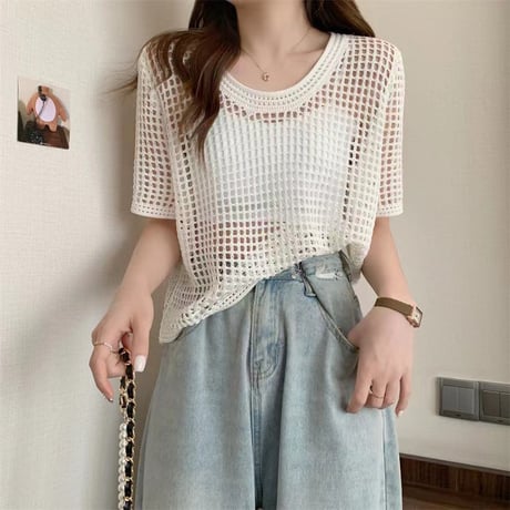 サマーニット メッシュ トップス プルオーバー tシャツ 透かし編み クルーネック ショート丈 レイヤードトップス 半袖 レトロ 大人可愛い ガーリー カジュアル DTCA-676945045996